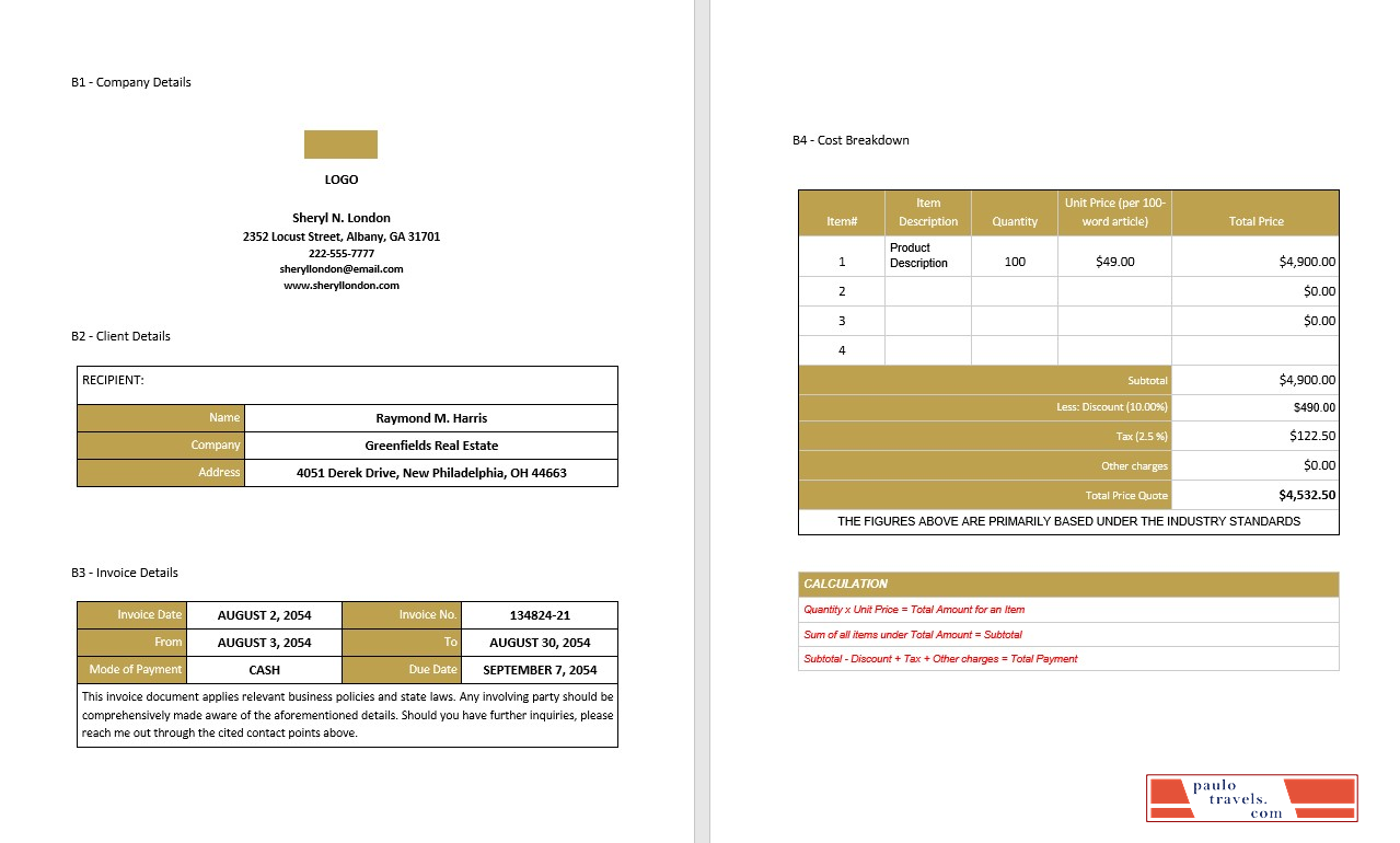 Professional Freelance Writer Invoice Template PSD template